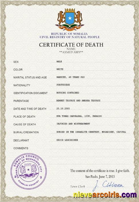 Somalia vital record death certificate